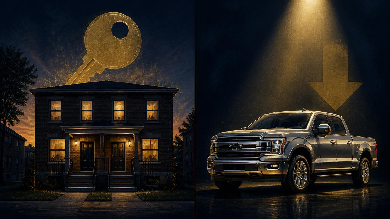 Duplex rental home on the left, new pickup truck with downward arrow on the right