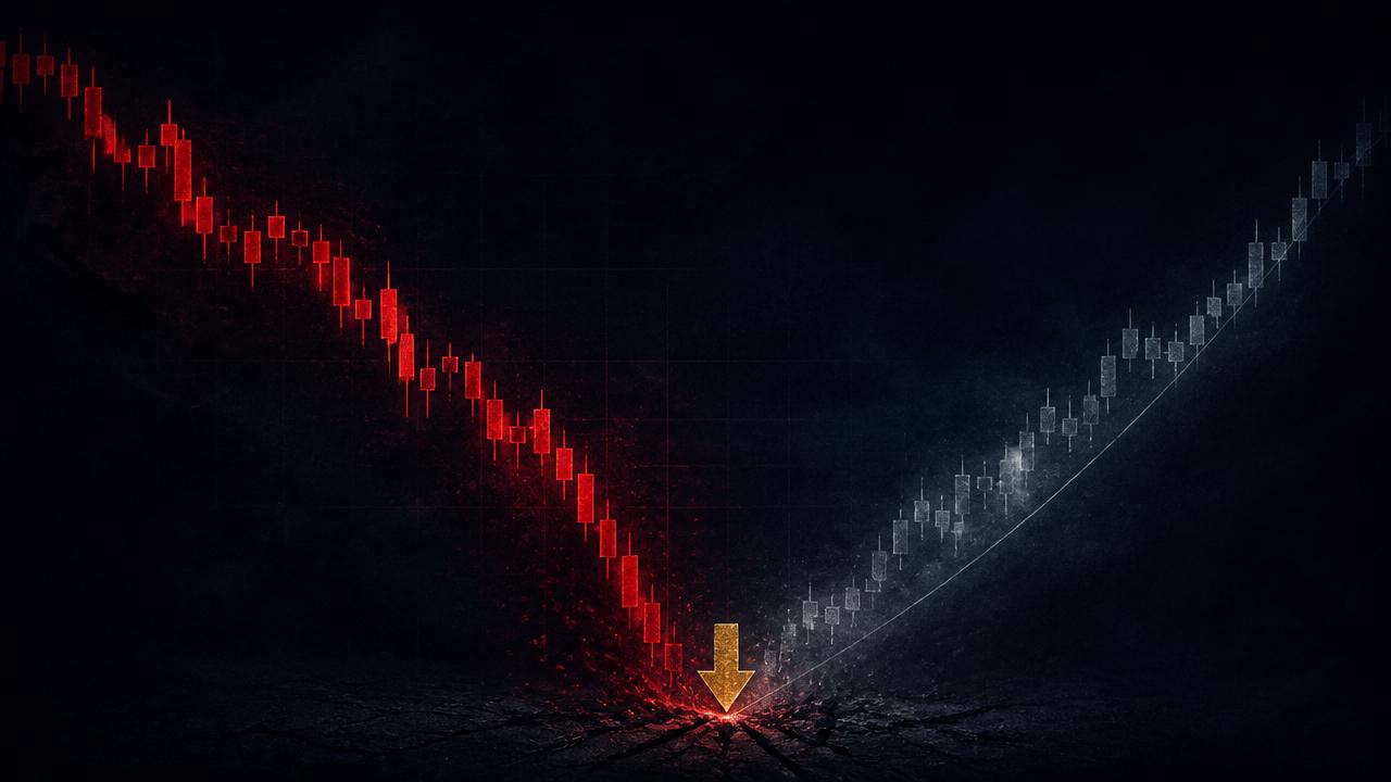 Red candlesticks crashing to a low with a gold arrow marking the bottom and a ghostly recovery to the right