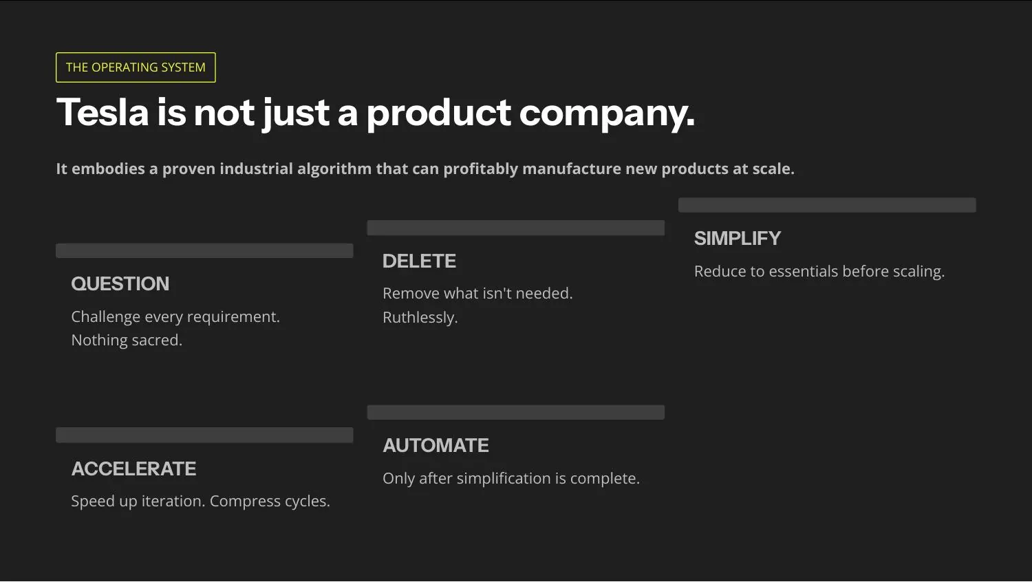 Question, Delete, Simplify, Accelerate, Automate