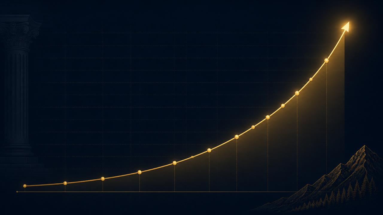 Exponential compounding curve rising from age 25 to 65