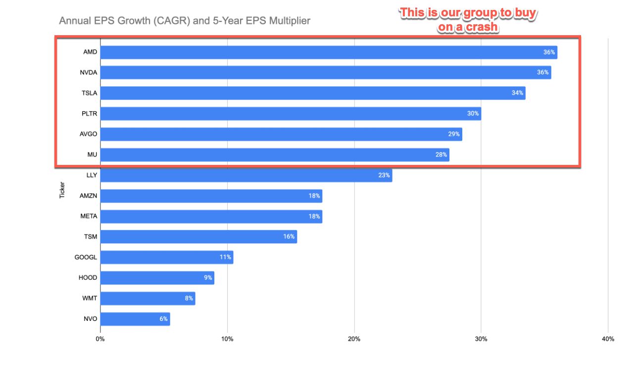 Annual EPS Growth Rankings - AMD, NVDA, TSLA, PLTR, AVGO, MU lead with 28-36% growth