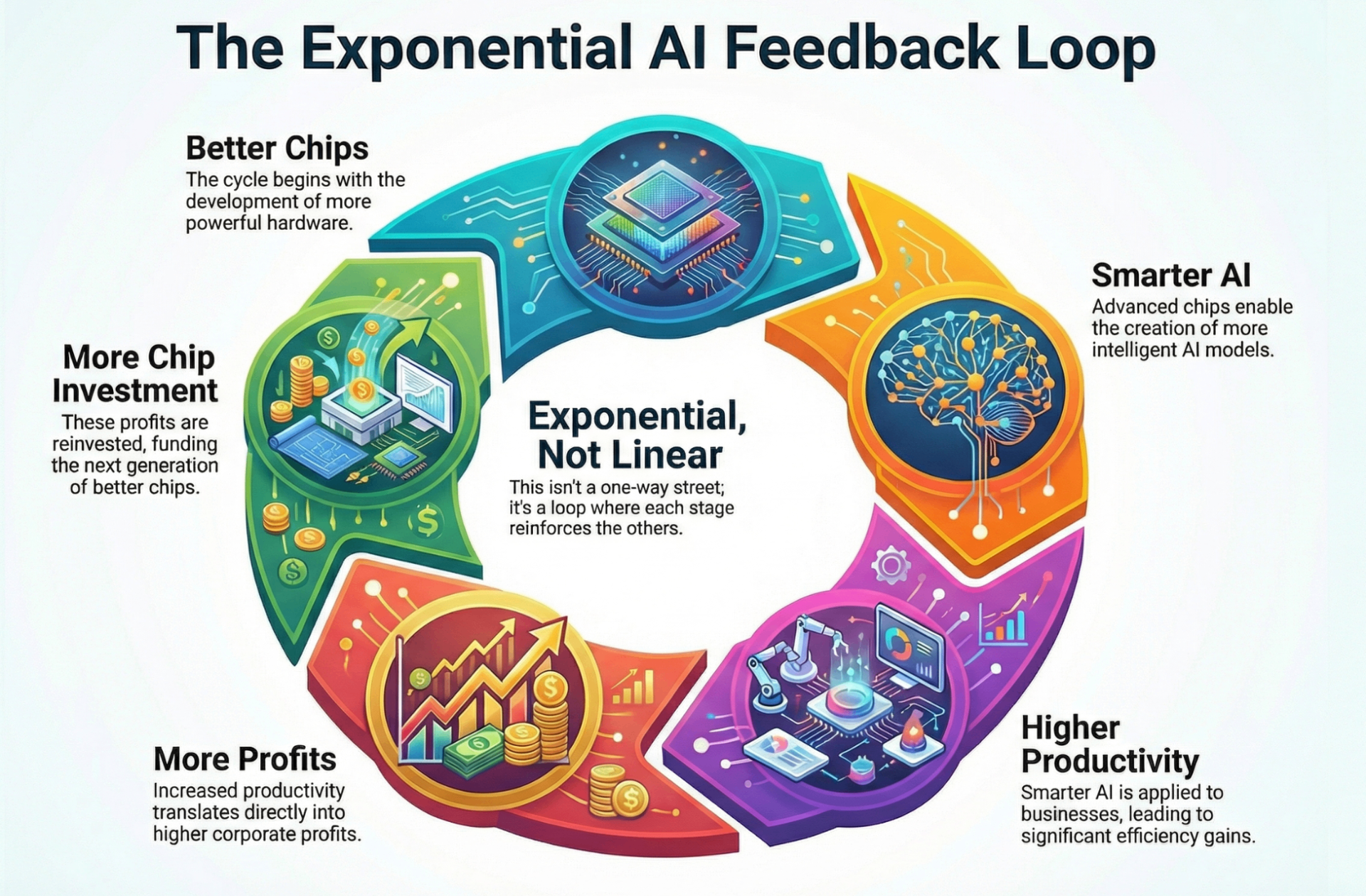 The Exponential AI Feedback Loop - showing the virtuous cycle of Better Chips leading to Smarter AI, Higher Productivity, More Profits, and More Chip Investment