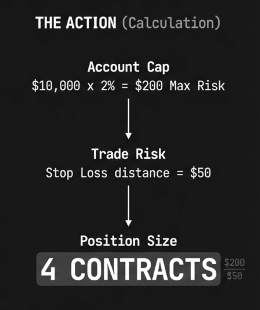 Position sizing calculation - $200 max risk divided by $50 per contract equals 4 contracts
