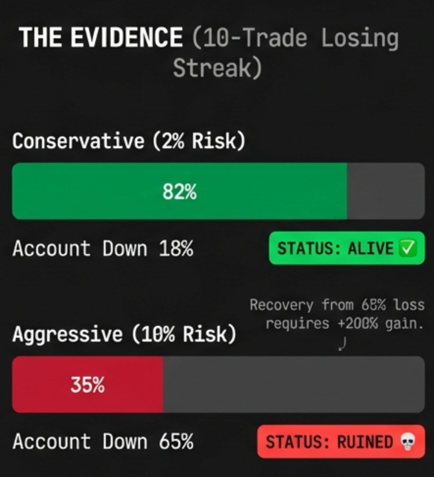 10-trade losing streak comparison - 82% portfolio survival with 2% risk vs 35% with 10% risk