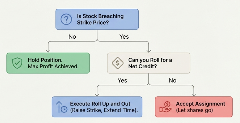 Decision tree flowchart: Is your stock breaching strike price? Shows the decision framework for rolling versus allowing exercise
