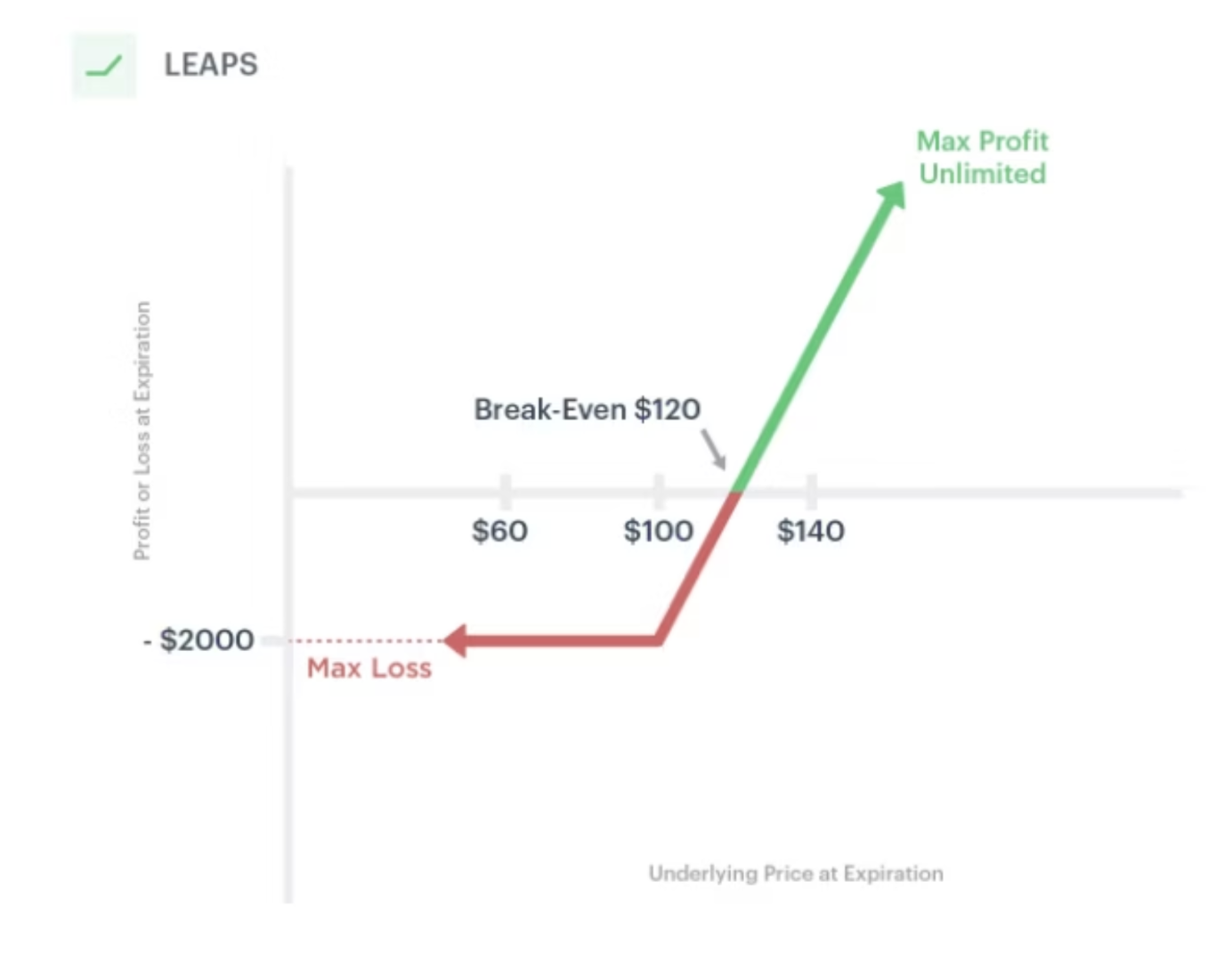 LEAPS Profit/Loss Diagram showing break-even point and unlimited upside potential