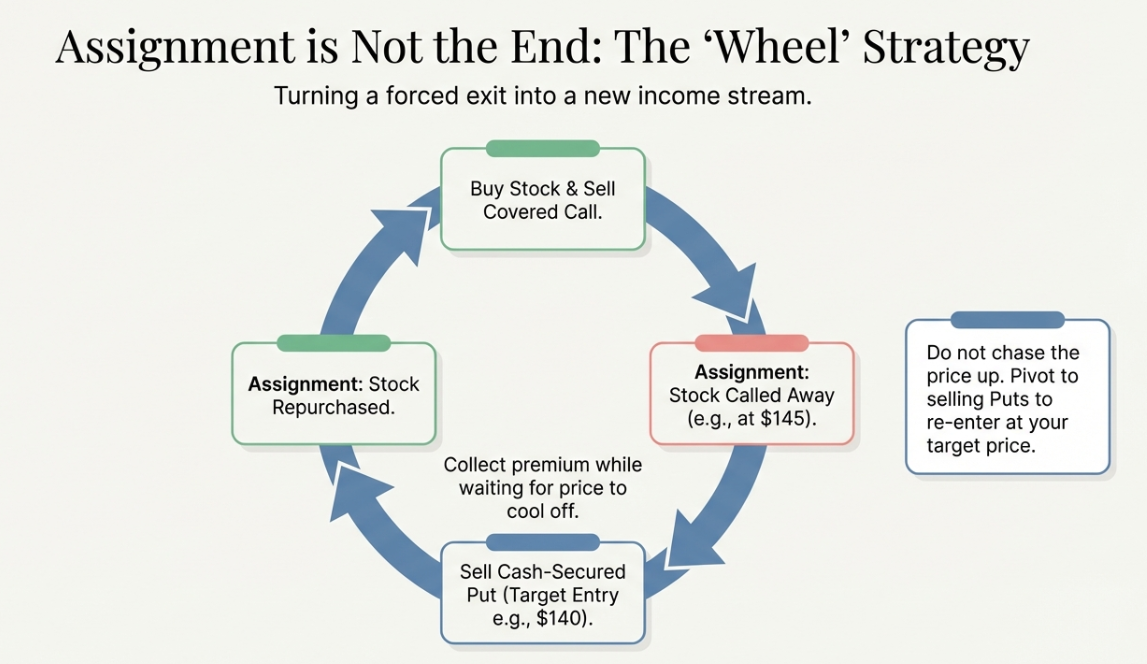 The Wheel Strategy cycle diagram showing the repeating pattern: Sell Covered Call, Shares Called Away, Sell Cash-Secured Put, Get Assigned, and repeat