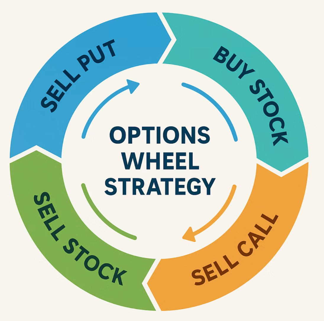 The Wheel Strategy Cycle: Sell Put → Get Assigned → Sell Covered Call → Stock Called Away → Repeat