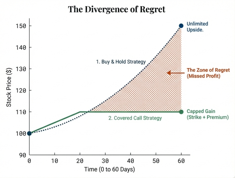 The Divergence of Regret chart showing how covered call returns diverge from buy-and-hold gains when a stock rises above the strike price