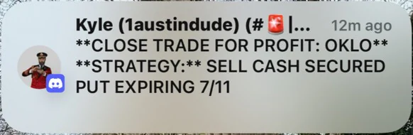 Mobile trade alert notification showing close trade for profit on OKLO